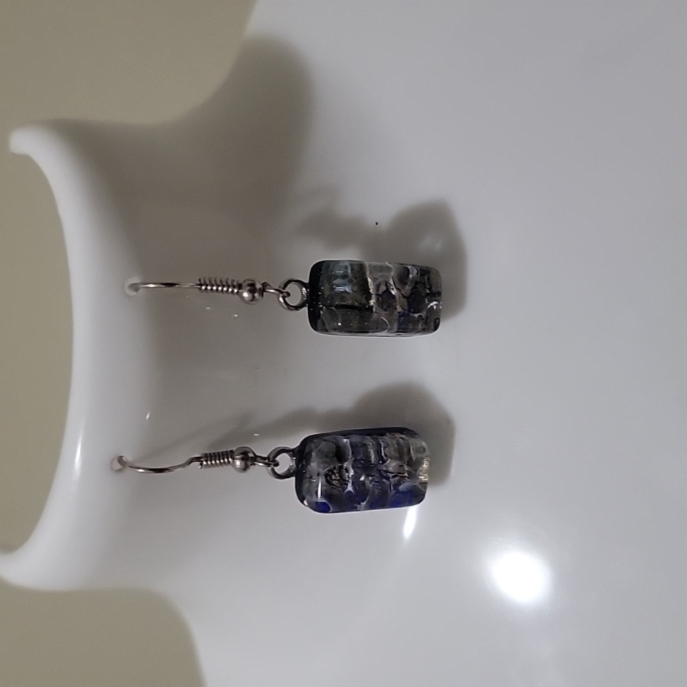 Glass Of Venice Murano Glass Earrings Gold and Dark blue . Handmade Blown Glass